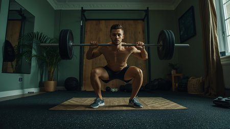 Athletic young man doing squats with a barbell at homeの素材