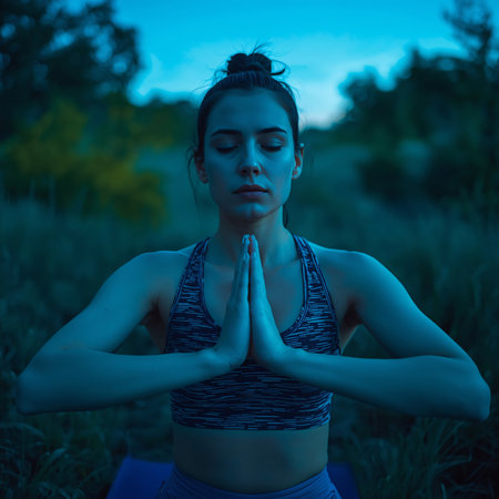 Young woman practicing yoga in the field at sunset. Healthy lifestyle concept.の素材