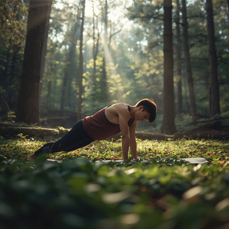Young woman practicing yoga in the morning in the forest. Healthy lifestyle concept.の素材