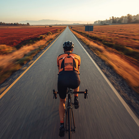 Cyclist Riding a Bike on the Asphalt Road at Sunsetの素材