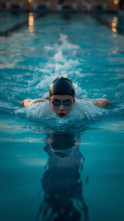 Little boy swimming in the pool with a black cap and goggles.の素材