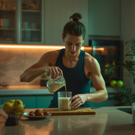 Sporty young woman pouring milk into a glass while standing in the kitchen at homeの素材