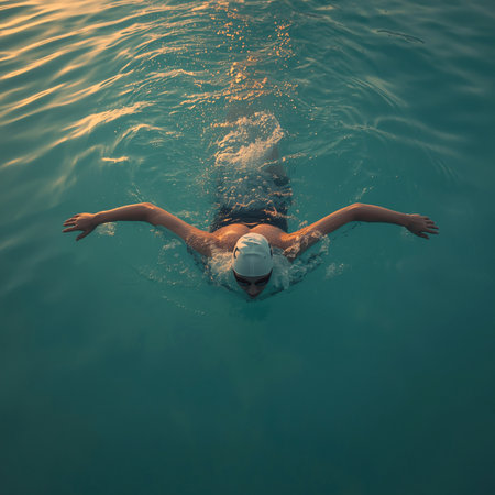 Young woman swimming in the sea. Top view of a young woman swimming in the sea.の素材