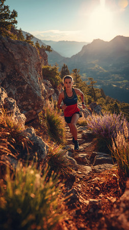 Woman trail runner running on mountain trail in the sunset light. Sport and fitness motivation.の素材