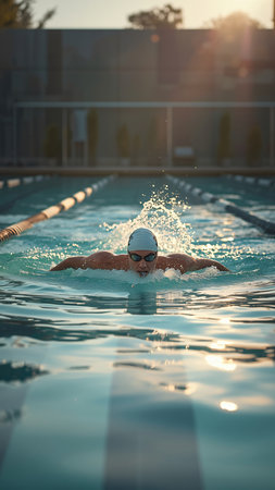 Portrait of a swimmer in cap and goggles swimming in poolの素材