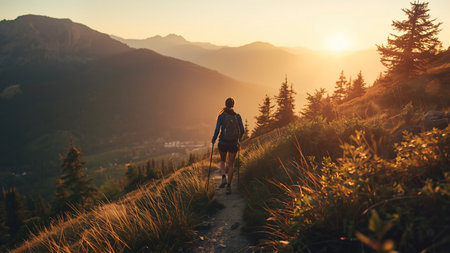 Hiker with backpack and trekking poles in the mountains at sunsetの素材