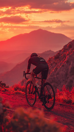 Cyclist Riding the Road to the Top of the Mountain at Sunsetの素材