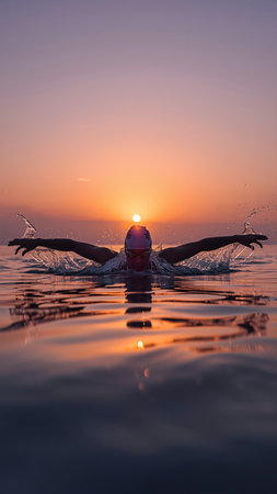 Young woman swimming in the pool at sunset. Sport and healthy lifestyle concept.の素材