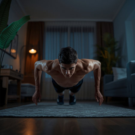 Young Man Doing Pushups As Part Of Bodybuilding Training At Homeの素材