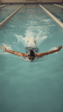 Young woman swimming in a pool with a cap and goggles on her headの素材