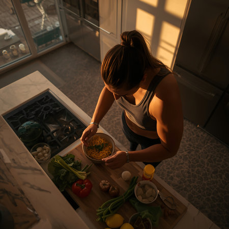 Young woman cooking at home in the kitchen. Healthy eating concept.の素材