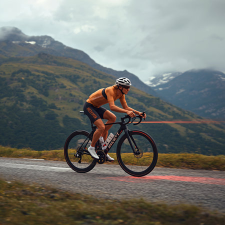 Cyclist riding on the road in mountains under cloudy sky.の素材