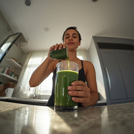Portrait Of A Young Woman Drinking Green Juice In Kitchen At Homeの素材