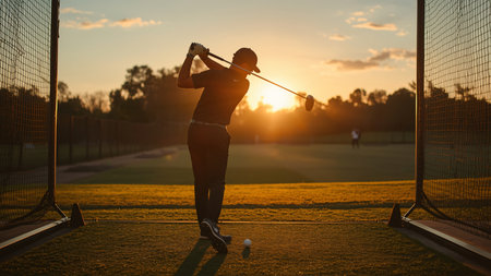 Silhouette of a golf player on the field during sunset.の素材