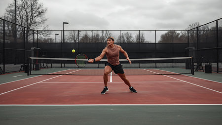 Young Man Playing Tennis On Court - Training And Exercising For Ballの素材
