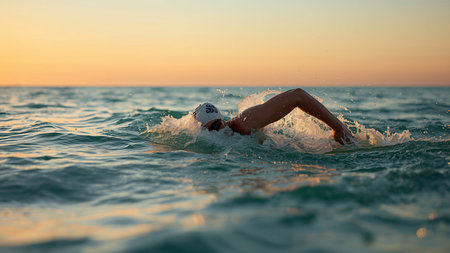 Triathlon athlete swimming in the sea at sunset. Triathlon athlete swimming in the sea at sunsetの素材