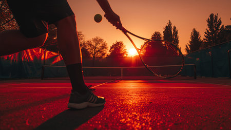 Tennis player with racket and ball on tennis court at sunset.の素材