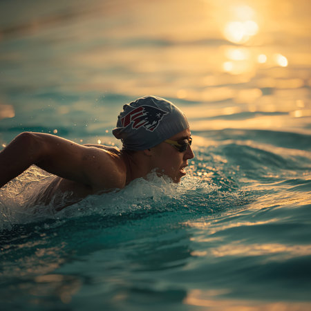 Young woman swimmer in cap and goggles swimming in pool at sunsetの素材