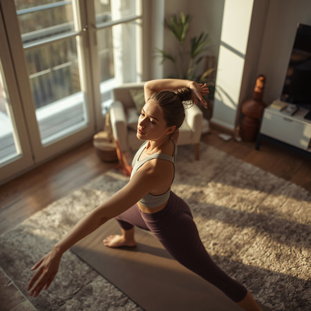 Beautiful young woman practicing yoga at home. She is wearing sportswear and stretching her body.の素材