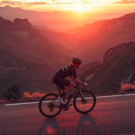 Cyclist Riding the Mountain Bike on the Road at Sunset. Extreme Sport Concept.の素材