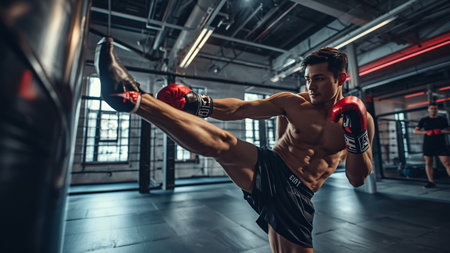Boxer training with punching bag in gym. Muscular man in boxing gloves.の素材