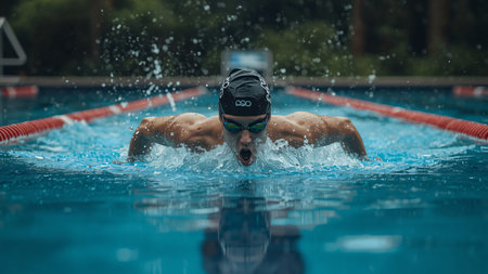Portrait of a male swimmer in cap and goggles swimming on the poolの素材