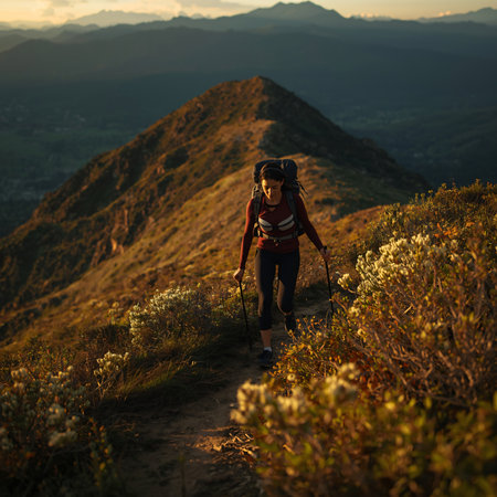 woman hiker with backpack hiking on beautiful mountain peak at sunset.の素材