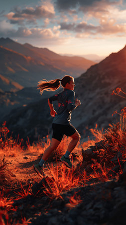 Young woman trail runner running in mountains at sunset. Healthy lifestyle and fitness concept.の素材