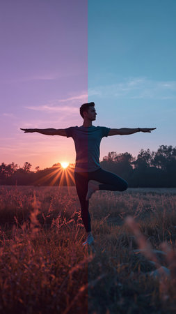 Young man practicing yoga in a field at sunset. Healthy lifestyle concept.の素材