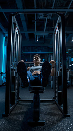 Young woman training in the gym, doing sit-ups on the simulatorの素材