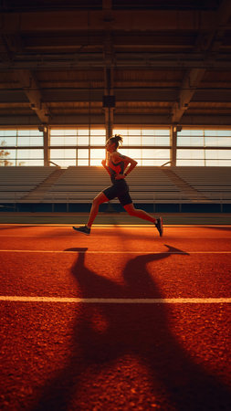Athletic young woman running on the stadium at night.の素材