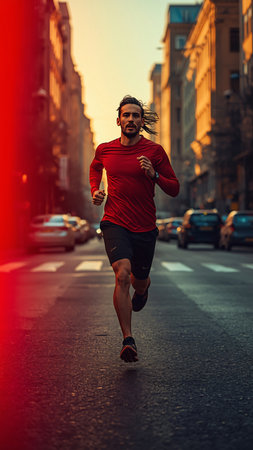 Running man jogging in the city at sunset. Sport fitness model caucasian ethnicity training outdoor.の素材