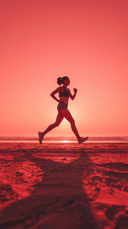 Runner athlete running on sunrise beach. woman fitness jogging workout wellness concept.の素材