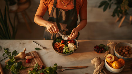 Young woman making salad in modern kitchen, closeup. Vegetarian cookingの素材
