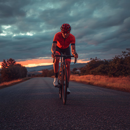 Cyclist Riding the Bike on the Road at Sunset. Extreme Sport Concept.の素材