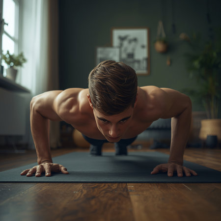 Sporty young man doing push-ups on yoga mat at homeの素材