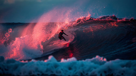 Surfer on the ocean wave at sunset. Surfer on the ocean wave at sunset.の素材