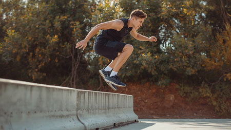 Portrait of a young man jumping over a bridge in the park.の素材