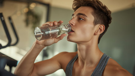 Handsome young man drinking water from bottle while training in gymの素材