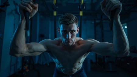 Handsome young man working out in the gym. Fitness and bodybuilding concept.の素材