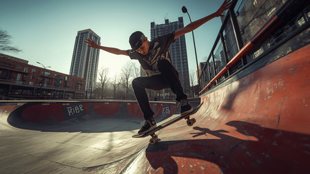 Skateboarder doing a trick in a skatepark. Extreme sport.の素材