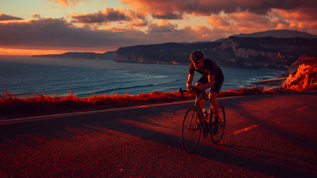 Cyclist riding on the road to the sea at sunset.の素材