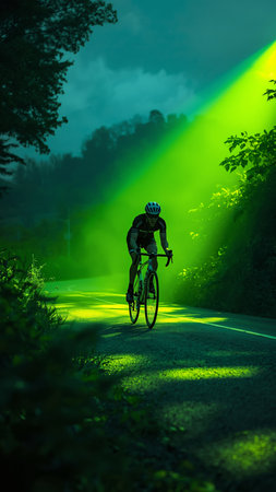 Cyclist Riding the Road at Night in the Forest. Extreme Sport Concept.の素材