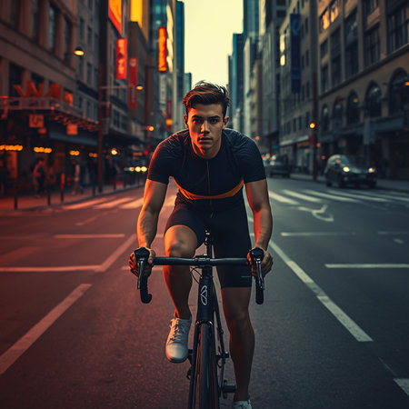 Cyclist riding a bike in the city at sunset. Sport and active lifestyle concept.の素材