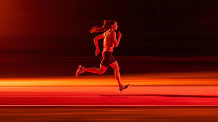Running woman. Sport fitness model caucasian ethnicity training in action on black background with red lightの素材