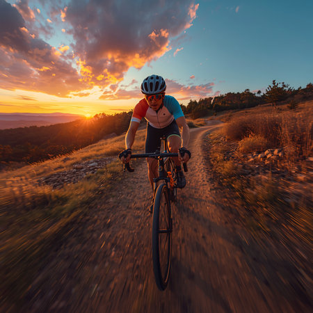 Cyclist Riding the Mountain Bike on the Trail at Sunset. Extreme Sport Concept.の素材