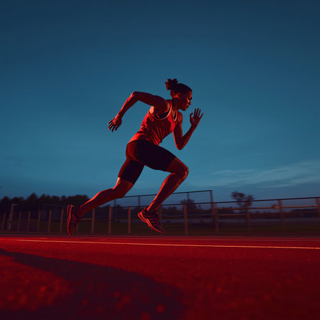 Runner athlete running on running track at sunset. woman fitness jogging workout wellness concept.の素材