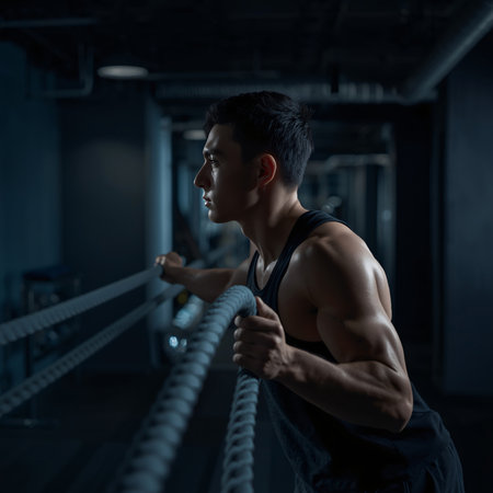 Portrait of young asian man training in gym. Sport and healthy lifestyle.の素材