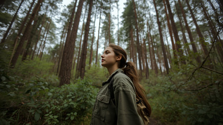 Young woman with backpack hiking in the forest. Hiking concept.の素材