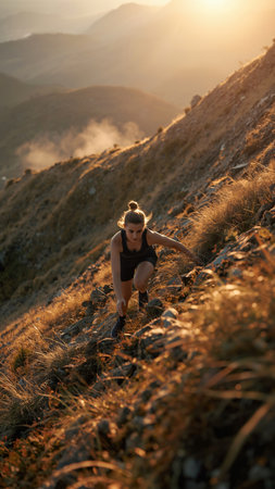 Beautiful young woman in black sportswear is engaged in fitness on the background of mountains.の素材